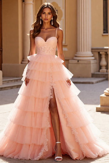 A Line Tiered Spaghetti Straps Blush Prom Dress With Slit